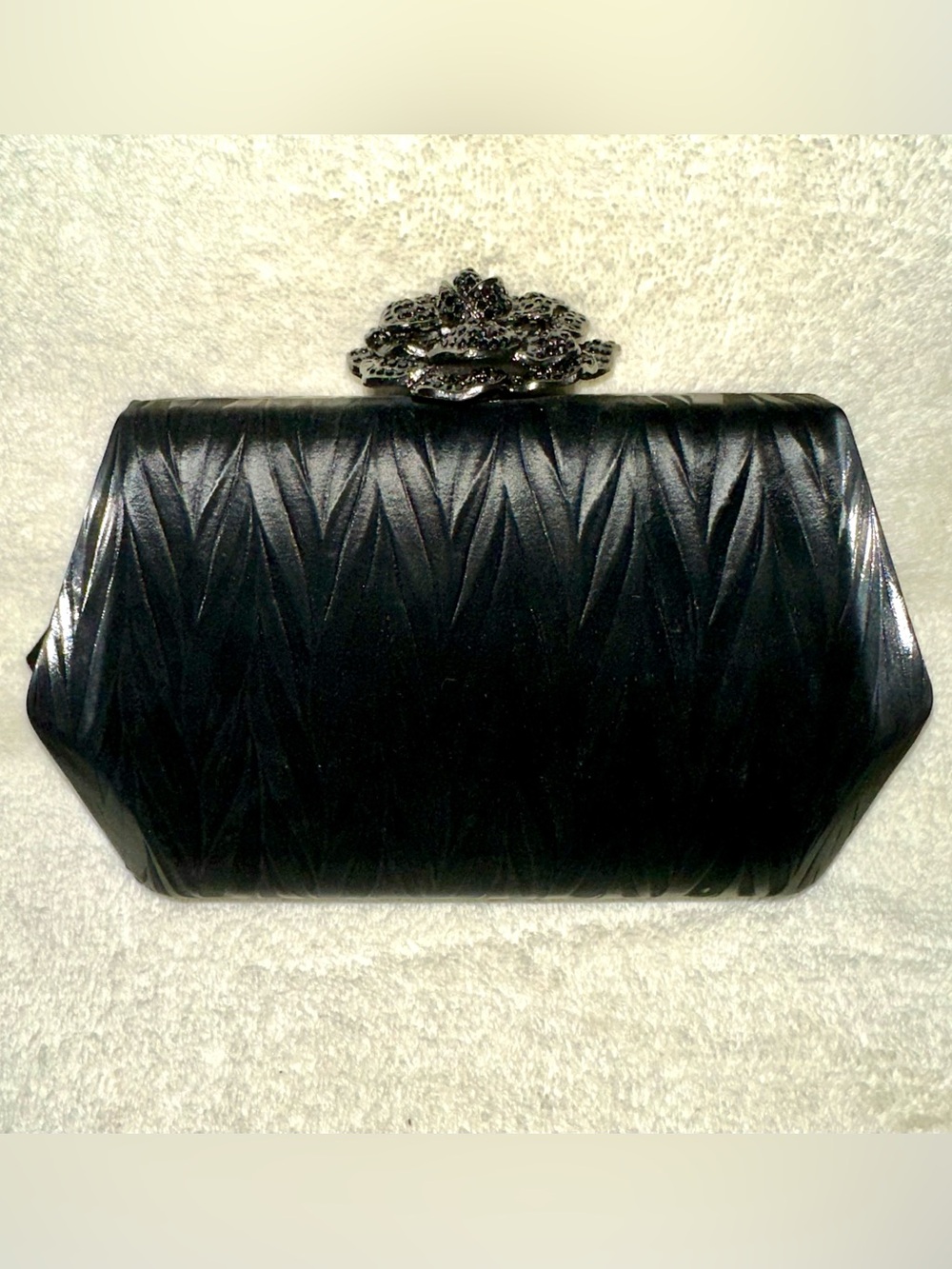 BC Bags Black Satin Rhinestone Rose Flower Clasp Hard Case